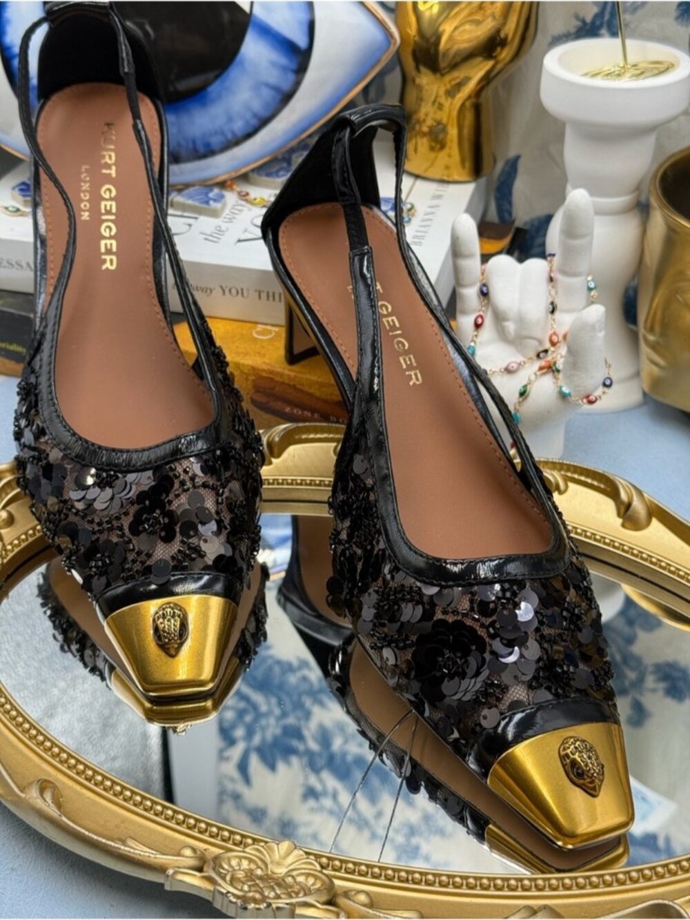 🆕 KURT GEIGER LONDON 🧿 NWOB Regent Open Court Floral Sequin Heels, Sz 37 US 7